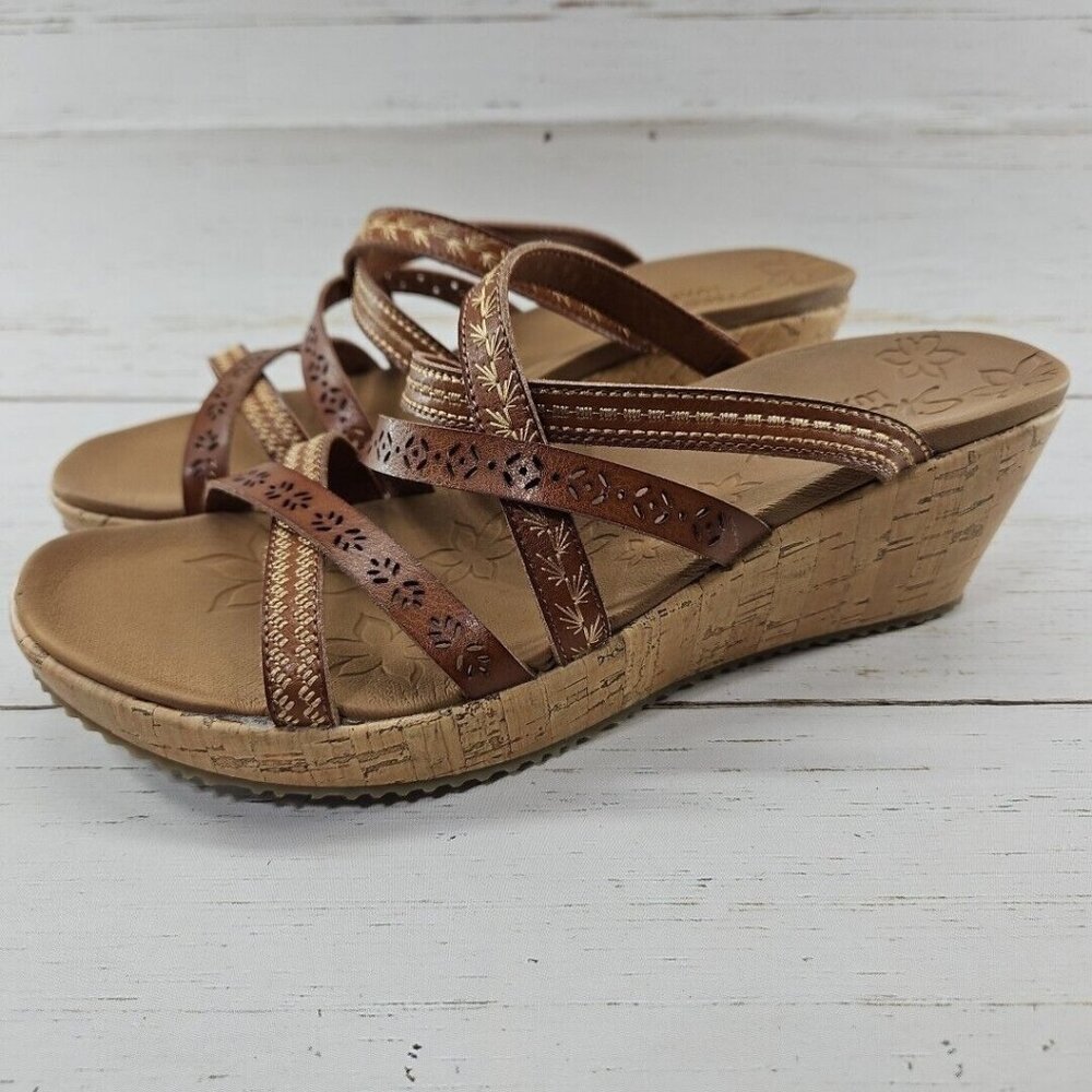 Skechers Womens Size 11‎ Beverlee Tiger Posse Brown Laser Cut Open Toe Wedges